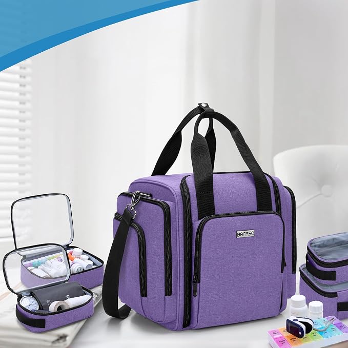 BAFASO Large Pill Bottle Organizer with 4 Inner Removable Pouches, Purple | Medicine Bag Come with Shoulder Strap, BAG ONLY.