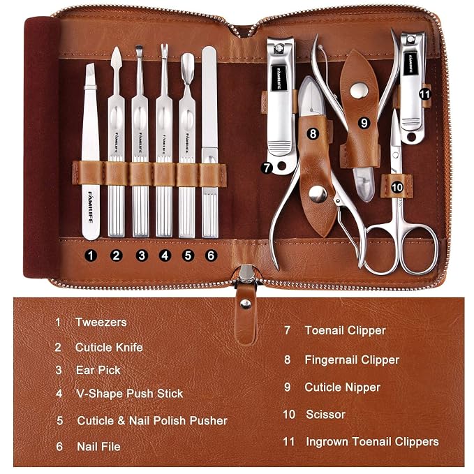 FAMILIFE Manicure Set, 11 in 1 Professional Manicure Kit Nail Clippers Set, Stainless Steel Pedicure Tools Toe Nail Kit, Men Grooming Tool with Portable Brown Leather Travel Case Gifts for Men Women