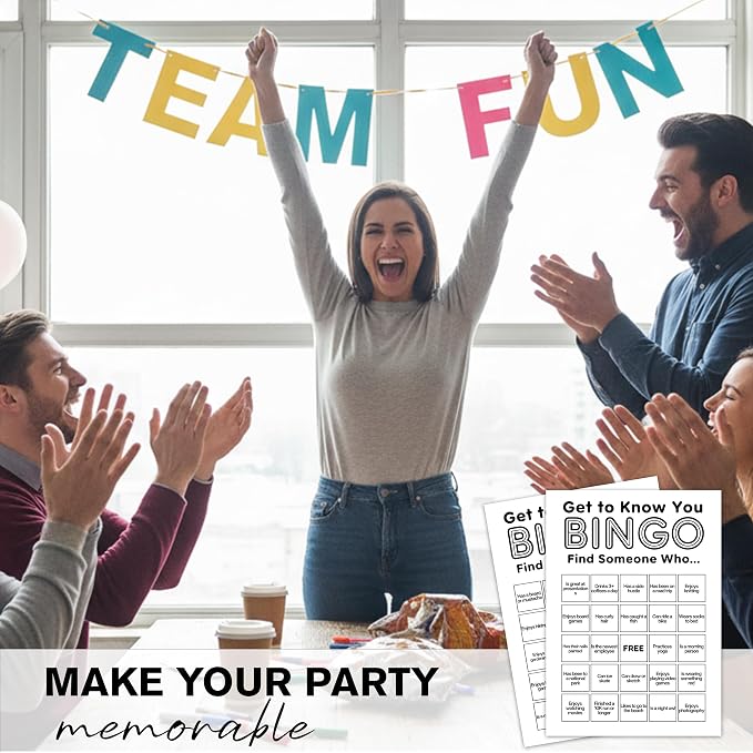 Find Someone Who Bingo Cards, 25 Unique Randomized 5x7 Sheets, Get to Know You Bingo Game for Adults, Ice Breaker Office Party Games, Team Building Games for Work, High Replay Value - B001