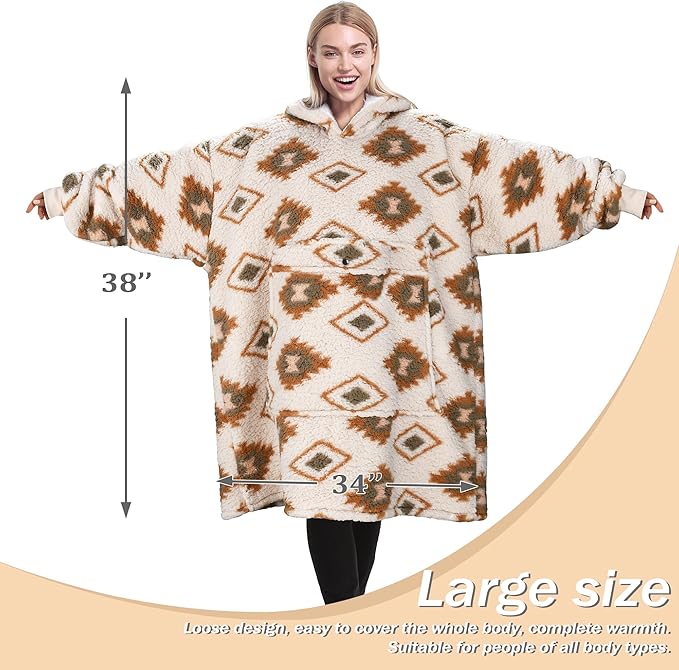 Catalonia Oversized Blanket Hoodie Sweatshirt, Wearable Sherpa Lounging Pullover for Adults Women Men
