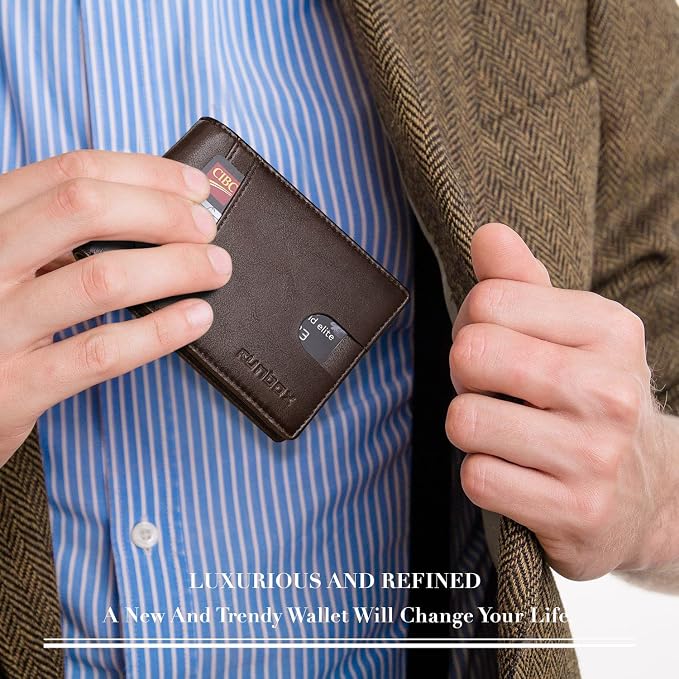 RUNBOX Wallet for Men -Slim Rfid Leather Mens Bifold Novelty Wallets 2 ID Window With Gift Box Men's Accessories | Minimalist Front Pocket Design, Holds 15 Cards, Large Capacity with Cash Pocket,Compact and Thin, Birthday Gifts for Men