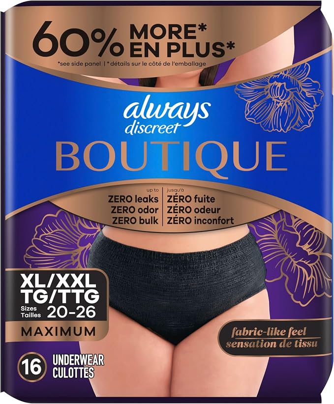 Always Discreet Boutique Incontinence and Postpartum Underwear for Women, Maximum Protection, Extra Large, Black, 16 Count