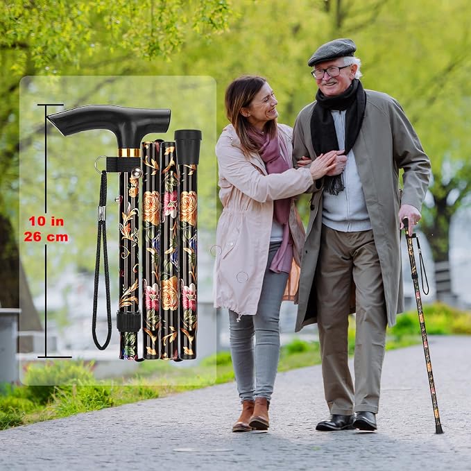 MFE Folding Cane, Portable 5-Level Adjustable Height Walking Stick with Foldable Design, Wrist Strap, and T Handle for Men and Women