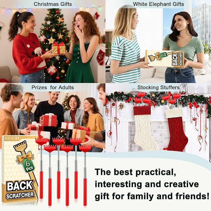 HOFASON Back Scratcher 6 Pack, Stocking Stuffers for Men Adults Women Teens | Christmas Small Bulk Gifts for Men Women Teens, White Elephant Gag Birthday Gifts, Party Favors Prizes for Adults (Red)