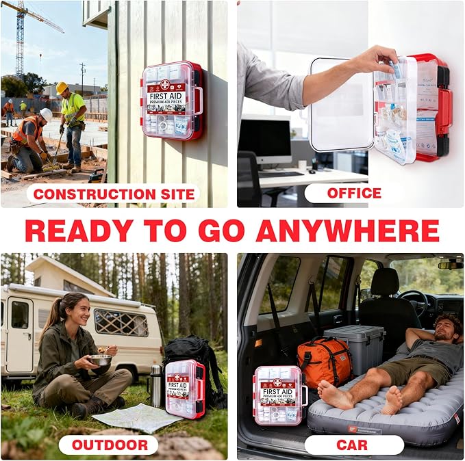 TLIEAO 400 Pieces All-Purpose First Aid Kit - Organized Dual-Layer Wall - Professional Medical Kit for Home, Car, Camping, Travel, Office, Outdoor, Business & Sports