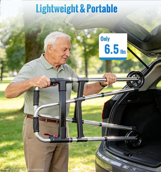 Walkers for Seniors, One-Hand Folding, 8 Height Adjustments, Walkers with Wheels, 2 Skis and 5" Wheels, Lightweight Walker for Seniors, Standard Walkers for Seniors, Aluminum Frame, Silver