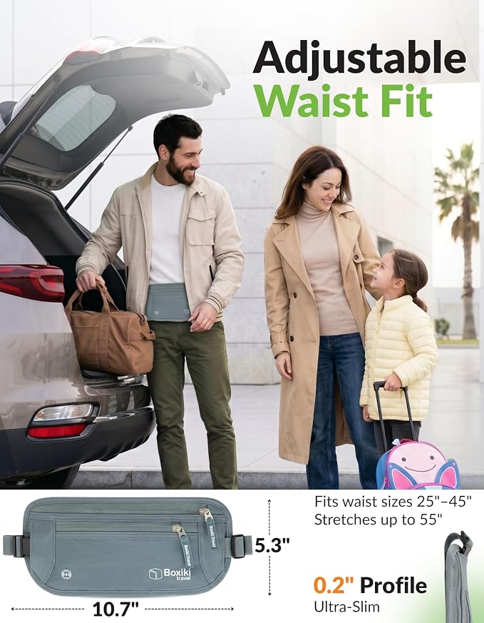 Money Belt for Travel w/RFID Blocking Technology - Hidden Travel Money Pouch for Cash, Credit Cards, Passport, and Travel Valuables - Secure Water Resistant Money Belt for Men & Women - Gray