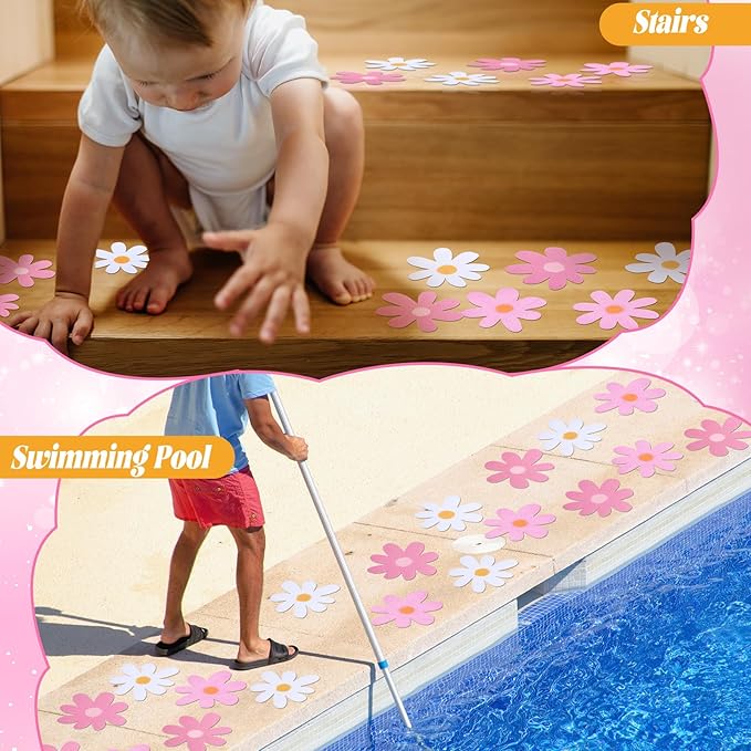 24 Pcs Flower Non Slip Bathtub Sticker Daisy Skidproof Shower Sticker Anti Slip Shower Decals Bathe Treads Adhesive Appliques Scraper Bright Flower Adhesive Decal for Bathroom Decor(Pink)