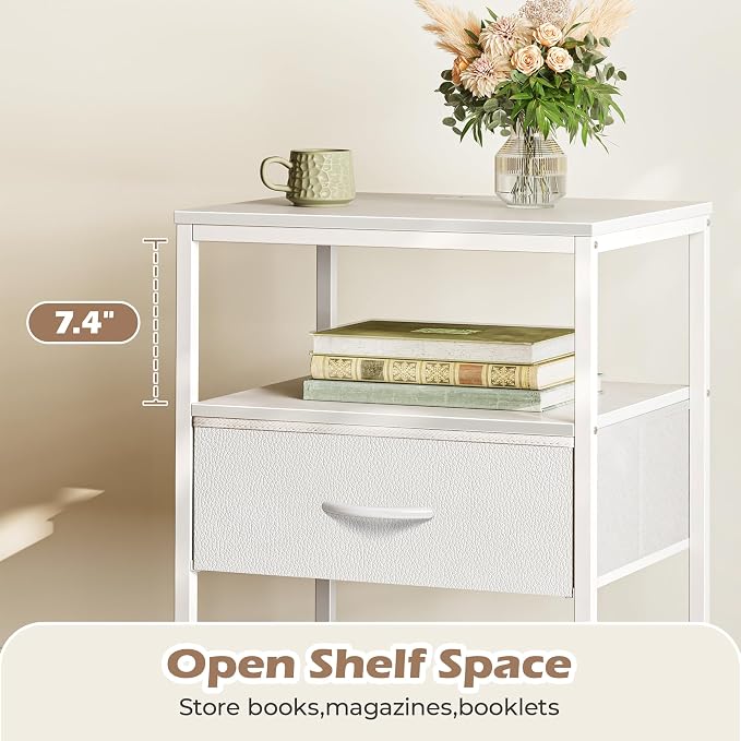 SUPERJARE Nightstand with Charging Station, USB-C Port, Bedside Table | 27.7 Inch Tall Nightstand with Adjustable Fabric Drawer, Large Dresser for Bedroom, Living Room, White