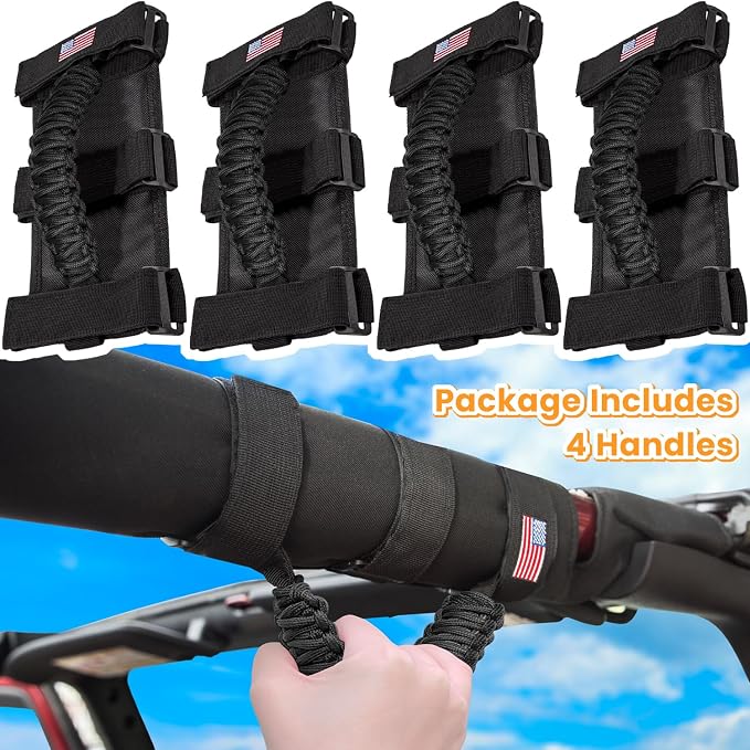 4 x Roll Bar Grab Handles Grip Handle for Jeep Wrangler JK JKU JL JLU TJ YJ Sport Sahara Freedom Rubicon Unlimited Gladiator JT 1955-2023 UTV ATV Premium Paracord Interior Accessories US Flag (Black)