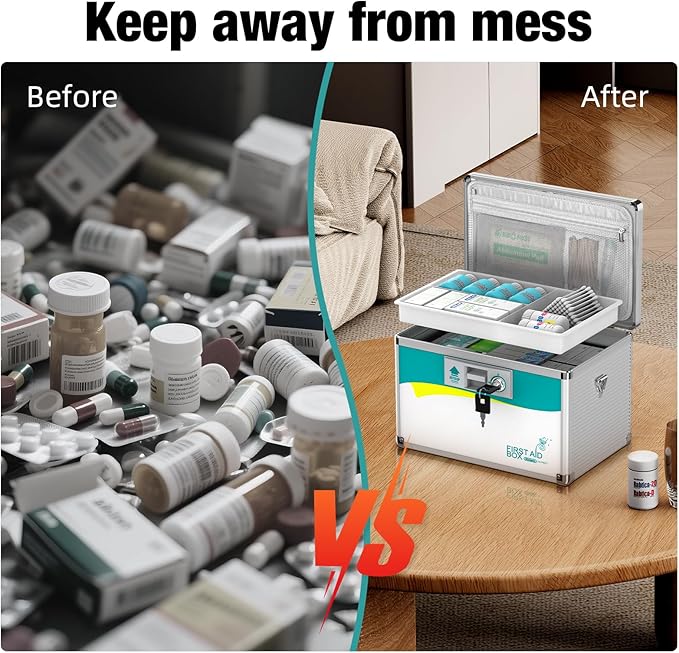 Glosen Medicine Lock Box,locking medicine box, Security Lock Boxes【Medium 12 x 7.68 x 7.87 Inch with removable storage pocket】,lock box, First Aid Key Safe Box,Lock Box for Medication