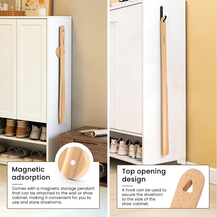 Shoe Horn Long Handle for Seniors 19.7" Extra Long Shoehorn Wooden for Men Women, with Magnetic Base - Beech Wood
