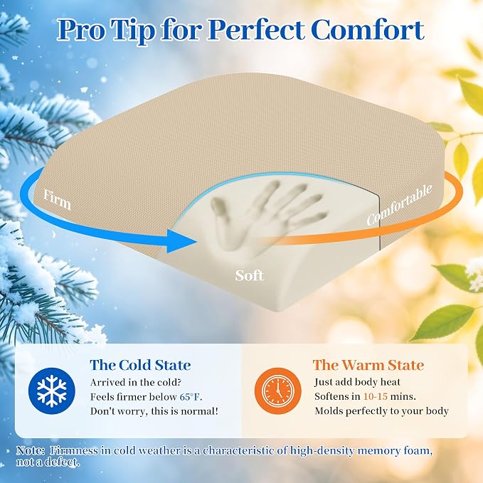 TranquilRelax Memory Foam Seat Cushion for Office Chair, 3-Inch, Khaki | Medium-firm Support for Long Sitting, Washable Mesh Cover, Non-slip Base, Perfect for Car Seats & Short Drivers