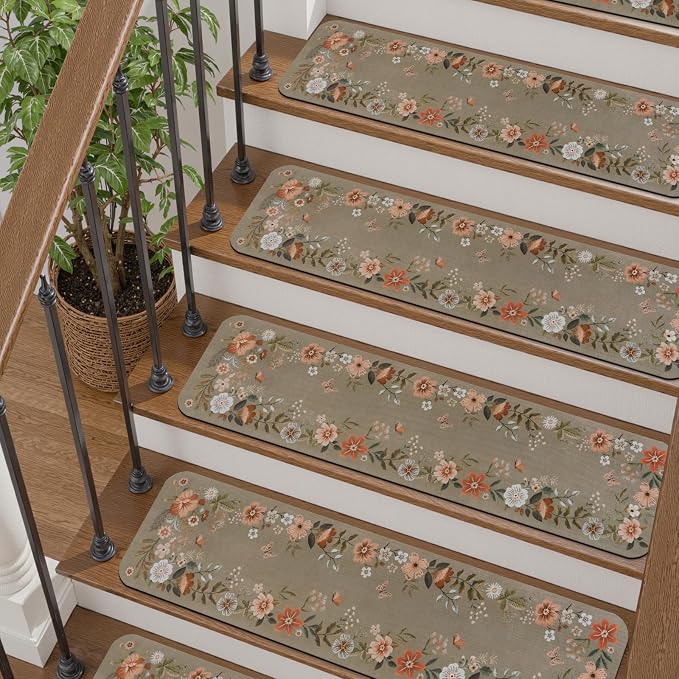 OJIA Floral Stair Treads Non-Slip Stair Runners 15PCS 30"x8" | Carpet Stair Treads for Wooden Steps Indoor Mats Staircase Step Treads for Kids, Elders and Dogs, Stair Covers, Brown