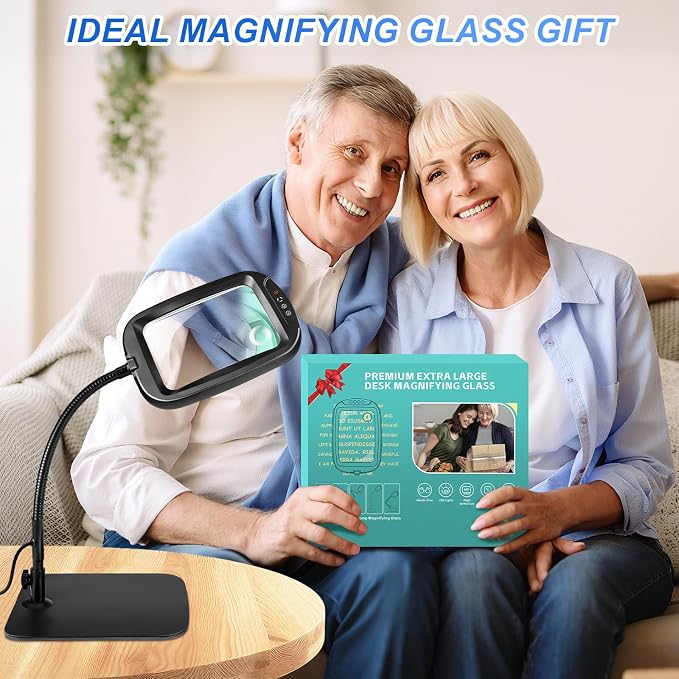 10X 30X 7'' Extra Large Magnifying Glass with Light and Stand, 5 Color LED | 5 Modes Dimmable LED Magnifying Lamp with Flexible Gooseneck, Hands Free Magnifier for Reading Close Work Seniors Low Vision