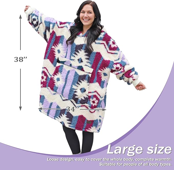 Catalonia Oversized Blanket Hoodie Sweatshirt, Wearable Sherpa Lounging Pullover for Adults Women Men