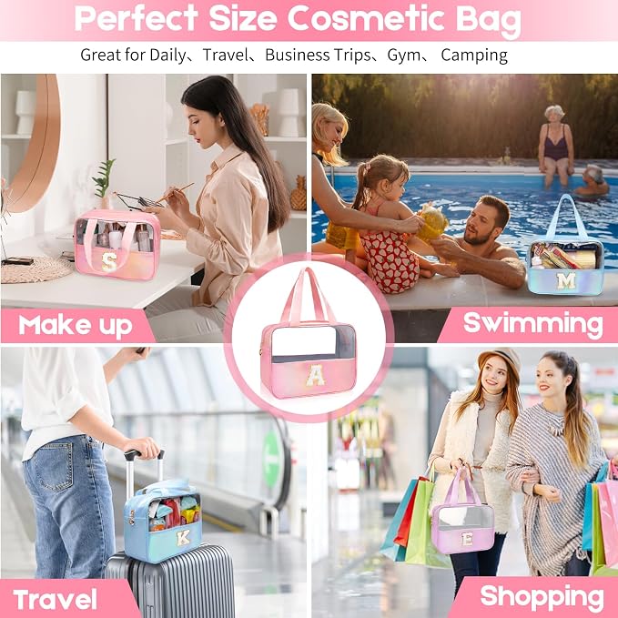 Personalized Initial C Clear Purple Makeup Bag - Large Travel Toiletry Bag, Cute Cosmetic Organizer Set for Girlfriend, Teacher, Teen Girl Gifts
