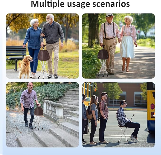 Cane with Seat Folding Lightweight,Cane Chair for Seniors Balance Supports Up to 265 Pounds,Walking Stick Height Adjustment,Anti-Slip Walking Stick for Elderly Men, Disabled