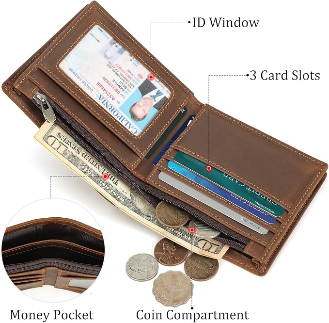 Polare Men's RFID Blocking Cowboy Genuine Natural Crazy Horse Leather Bifold Wallet