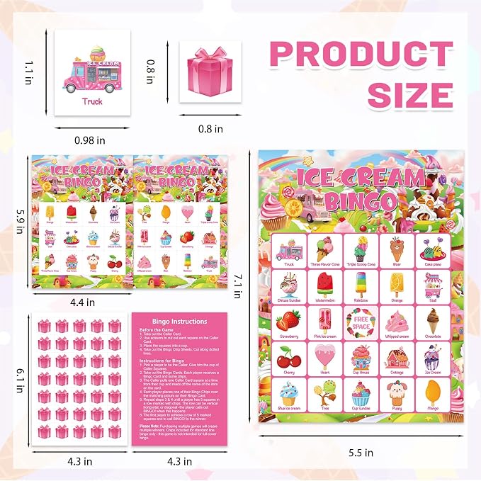 24 Players Ice Cream Bingo Cards, Sweet Ice Cream Bingo Game Cards Summer Party Games for Birthday Holiday Party Wedding School Classroom Group Activities Favors Supplies