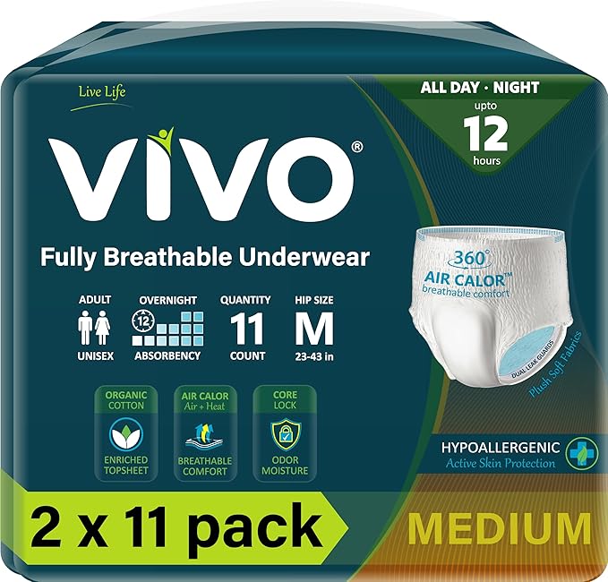 VIVO Organic Cotton Sensitive Skin Overnight Adult Incontinence Pullup Underwear, Women & Men, Medium 22 Count