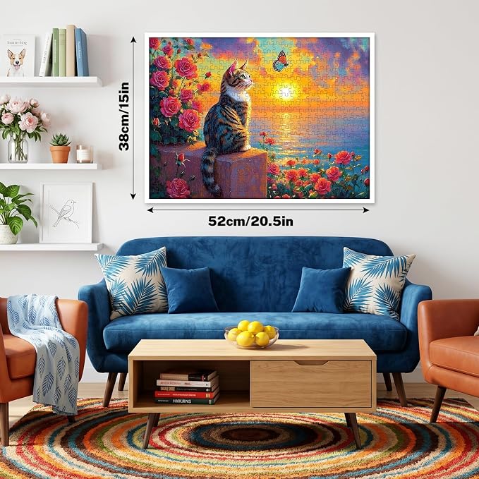 500 Piece Puzzle for Adults – Cat Sunset Jigsaw Puzzles 500 Pieces with Flowers & Butterfly, Colorful Art Puzzle for Adults & Seniors, Relaxing Adult Puzzles, 20.5 x 15 in