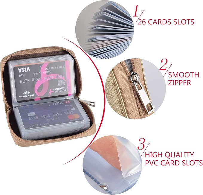 Easyoulife Genuine Leather Credit Card Holder Zipper Wallet With 26 Card Slots