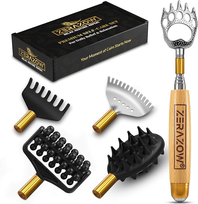 ZERAZOW® Extendable Back Scratcher for Men & Women, Telescoping Wooden Back Scratcher Set with 5 Detachable Heads, Head & Scalp Scratcher, Back Massager Stick, Fathers Day Gift