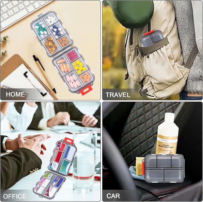 Travel Pill Organizer, 10 Compartments Small Portable Pill Case with 189 Medicine Labels, Compact Medicine Storage Box for Purse, Pocket, Airplane, Travel, Nurse Daily Use 3 Pack