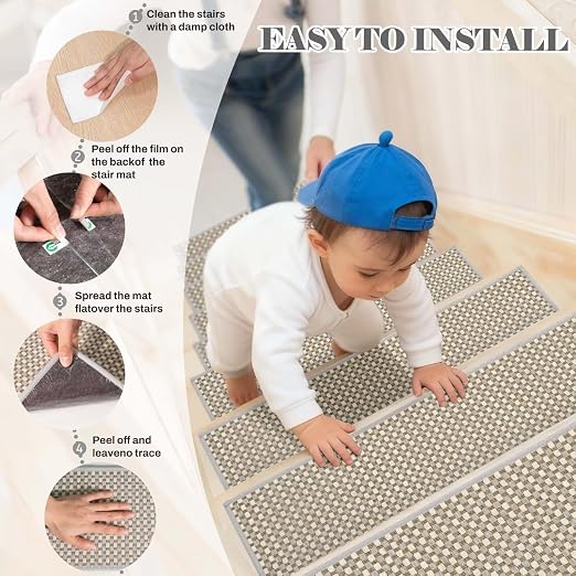 DEXDE Stair Treads for Wooden Steps 15-Pack Non-Slip Indoor, 9" x 30" Grey | Chenille & Linen Blend Carpet Stair Runners Backing, Soft Self-Adhesive Washable Stairway Step Covers for Kids Elders Dogs