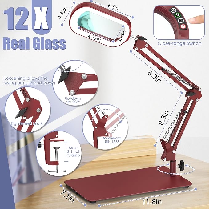 Drdefi 12X Square Magnifying Glass with Light and Stand, Real Glass LED Lighted Magnifier, 5 Color Modes Stepless Dimmable, Hands-Free Mag Desk Lamp with Clamp for Reading Craft Hobby Close Work Red