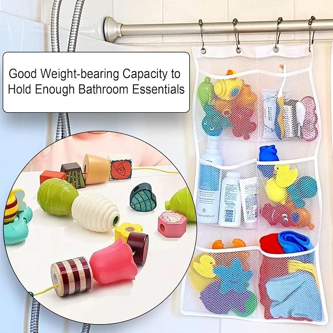 Quick Dry Mesh Pockets Fabric Bathm Hanging Mesh Pockets Shower Organizer,Shower Hanging Mesh Organizer Quick Dry Storage Bathroom Accessories with 6-Pocket, 4 Hooks