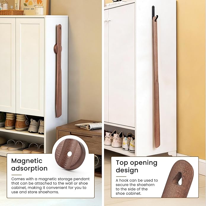 Shoe Horn Long Handle for Seniors 19.7" Extra Long Shoehorn Wooden for Men Women, with Magnetic Base Wall Mounted