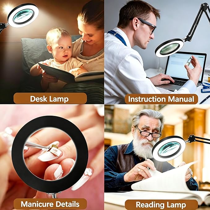 10X Magnifying Glass with Light and Clamp, Magnifier with Light Hands Free3 Color Modes Stepless Dimmable, 72 LEDs Real Glass Lens Magnifying Lamp for Close Work, Repair, Reading, Craft