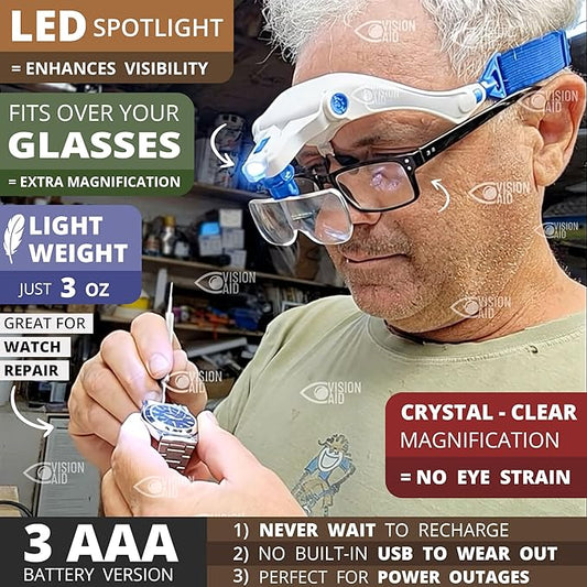 Vision Aid Magnifying Glasses with LED Light 5 Lenses Headband Case Hands Free Illuminated Optivisor Head Magnifier for Hobby Painting Close Work Jewelry Watch Repair