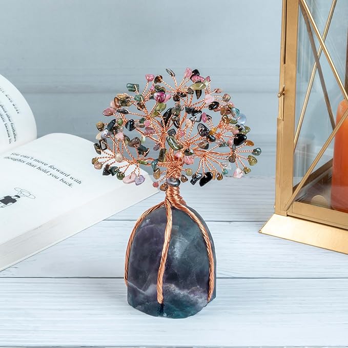 Multi Tourmaline Crystal Tree with Fluorite Rough Base Tree of Life Decor for Shelf, Bedroom, Birthday Gifts for Women, Sister Gifts, Birthday Gifts for Mom, Cute Home Decor Purple Decor Present