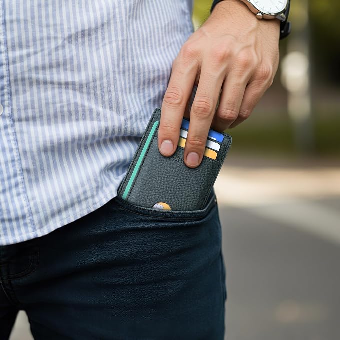 Buffway Slim Minimalist Front Pocket RFID Blocking Leather Wallets for Men and Women - Cross Blackish Green