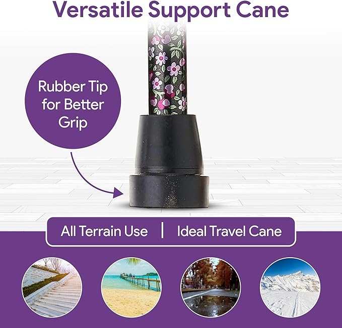 Folding Walking Cane for Women and Men - 33" - 37" Adjustable Height Aluminum Walking Stick for Stability and Balance - Folds Compactly to Four Parts for Travel and Storage - Black Floral Design