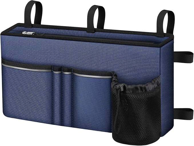 FINPAC Large Walker Tote Bag with Cup Holder, Folding Walker Attachment Hands-Free Storage Basket Mobility Aid Accessory Pouch for Elderly, Senior, Navy Blue