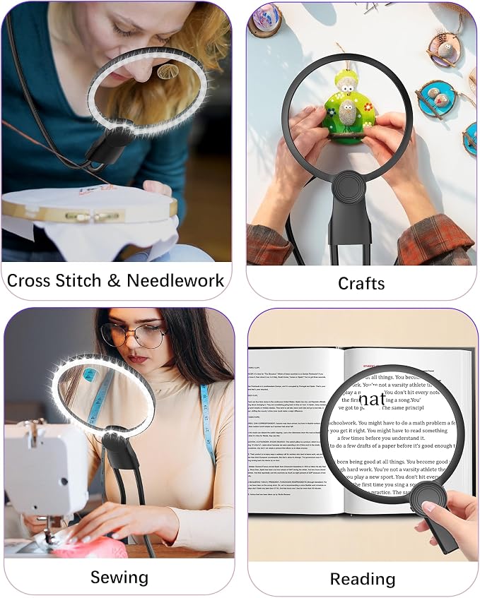 Hands Free Magnifying Glass with Light, 5X 15X Lighted Neck Magnifier for Craft Cross Stitch Needlepoint Needlework Sewing Embroidery Reading, Magnifying Glasses for Close Work, Low Vision Seniors