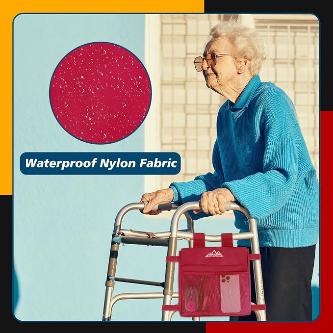 supregear Walker Side Bag, Water Resistant Accessory Basket Pouch for Folding Walkers, Lightweight Hand Free Storage Carrier Tote, Universal Size Seniors Caddy Attachment, Red