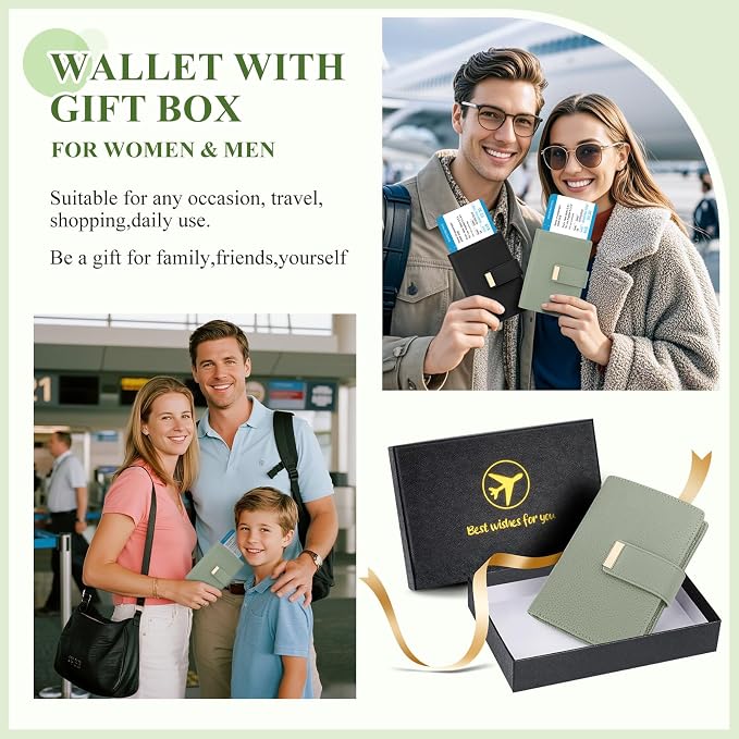 BKNOOU RFID Blocking Passport Holder with Airtag Slot- Leather Travel Passport Wallet for Women & Men, Slim Bifold Travel Passport Holder Holds Cards & Tickets & Cash (Green)