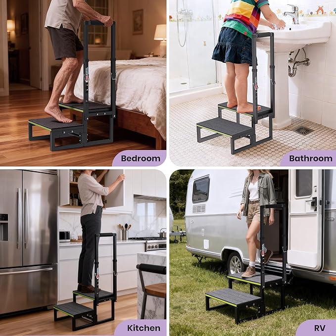 2 Step Stool with Handle for Elderly,Bed Steps for High Beds for Adults,Seniors,Heavy Duty Step Stool with Adjustable Handrail/Removable Cover/Glow Strip for Bathtub,Kitchen,RV
