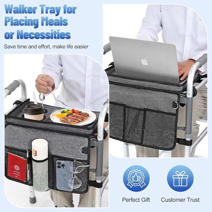 Rhino Valley Walker Tray for Folding Walker,Tray for Walker with Cup Holder | Tray for Walkers with Non-Slip Mat for Food, 3 Front Pockets & 3 Cup Holders, Walker Accessories for Senior, Gray