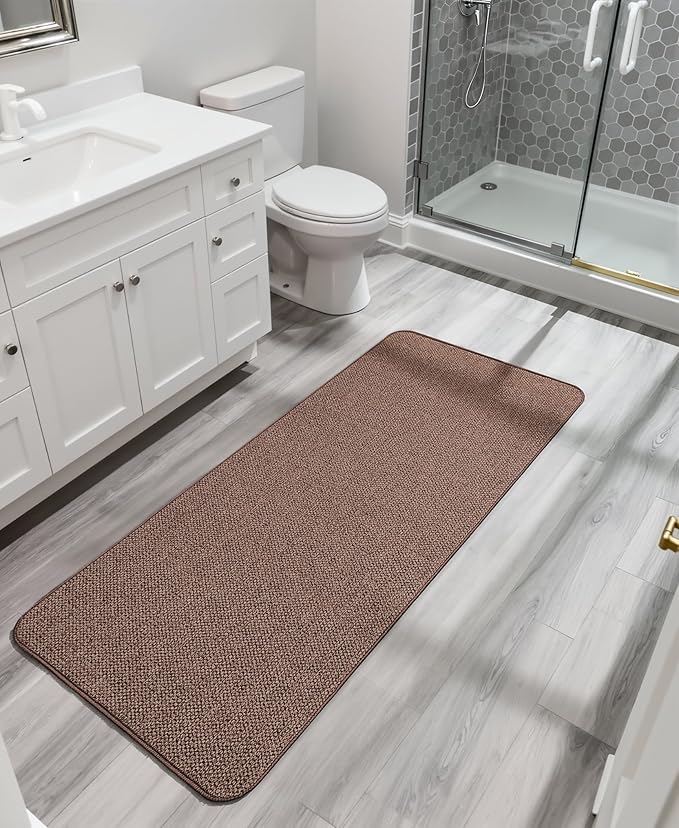 Bath Mat,Ultra Thin Bathroom Runner Rugs,Large Bath Mats for Bathroom,Quick Dry,Non-Slip,Machine Washable,Low Pile,Bath Rug,Shower Outside,Sink,Home Decor Accessories.Brown,1'9"x3'11"(21x47inch)