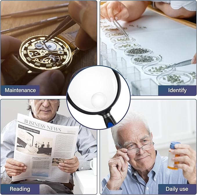 Feosky Handheld Reading Magnifier, 10X Magnifier, 75mm Shatterproof Lens, Non-Slip Handle for Adults Close Work, Hobbies and Halloween & Cosplay(Blue/Black)