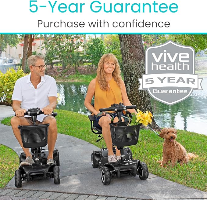 Vive 4 Wheel Mobility Scooter - Electric Powered Wheelchair Device - Compact Heavy Duty Mobile for Travel, Adults, Elderly - Long Range Power Extended Battery with Charger & Basket