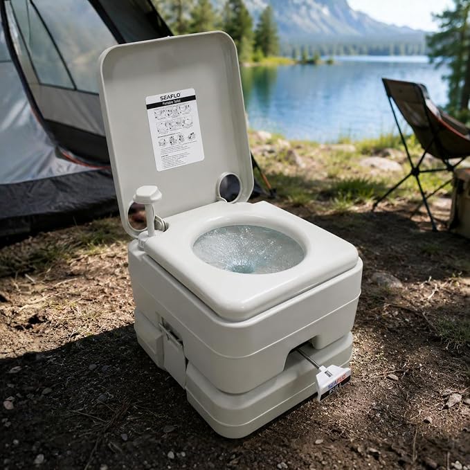 SEAFLO Premium Camping Portable Toilet - 5.8 Gallon Waste 3.43 Gall Fresh Tank (100 Flushes), 440 lbs Max Weight, Level Indicator, Sealed Waste Tank for RV, Boat, Elderly, Off-Grid, 4-Year Warranty