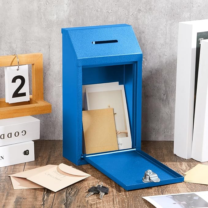 Yaocom Metal Money Box,Blue,10.24 x 5.71 x 2.95 Inch,No Lid | Wall Mounted Drop Donation Cash Box for Farm Stand Collection Safe Suggestion Box with Lock Container for Home Office Outdoor