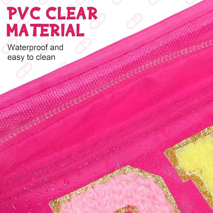 Hillban 2 Pcs Medicine Bag Chenille Letter Patch Meds Bags Travel Cases Preppy Clear Nylon Portable Makeup Bags Zipper Cosmetic Toiletry Storage for Women PVC Transparent Mini First Aid Bag(Stylish)